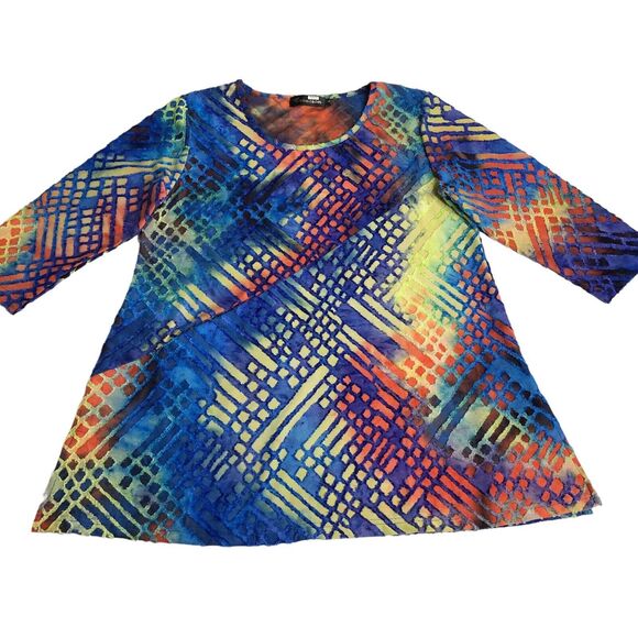 Creation Top Womens M Rainbow Tie Dye Burnout Textured Pocket Tunic Boho Artsy - Picture 2 of 16